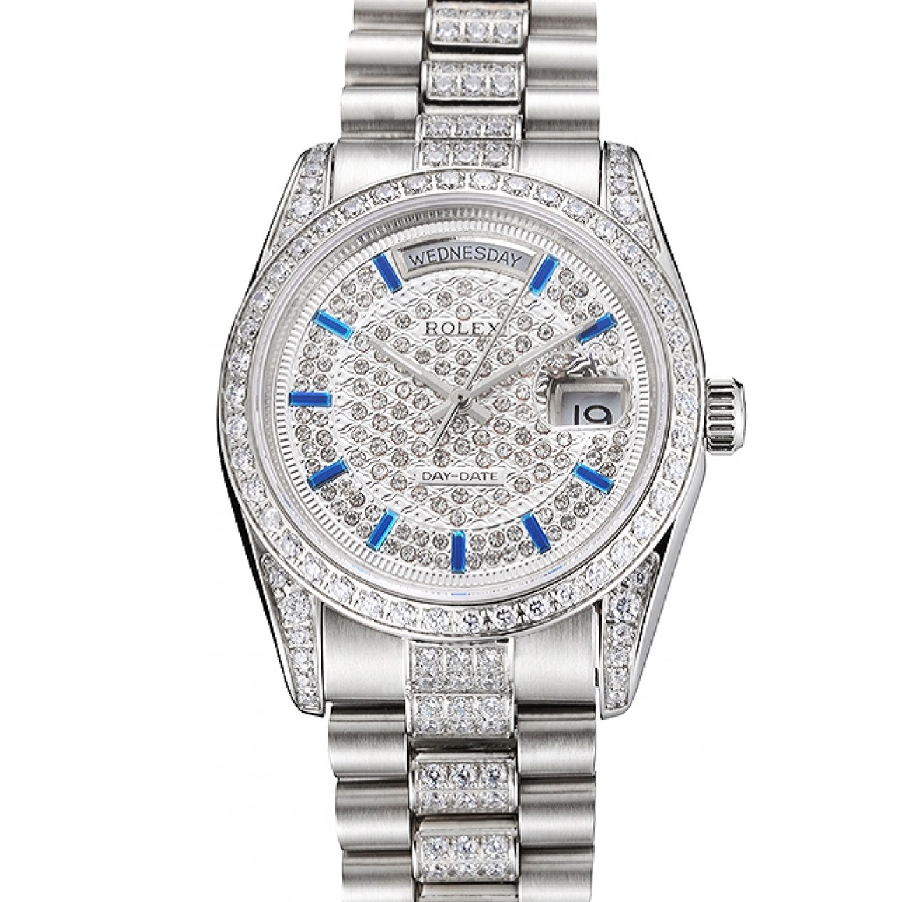 MiroTime 1026 Swiss Rolex Day Date Diamond Pave Dial And Bezel And Stainless Steel Bracelet